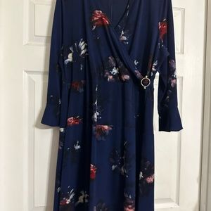 Navy Blue Floral Dress with 3/4 Length Bell Sleeves